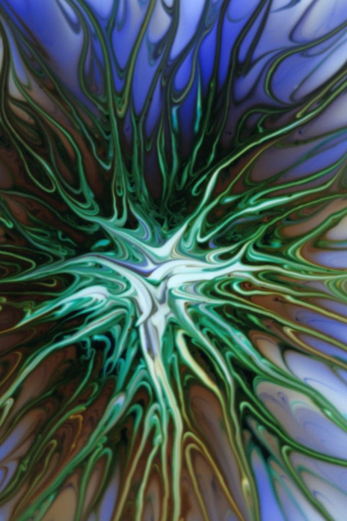 Vibrant abstract fluid art piece featuring swirling organic patterns and vivid colors.