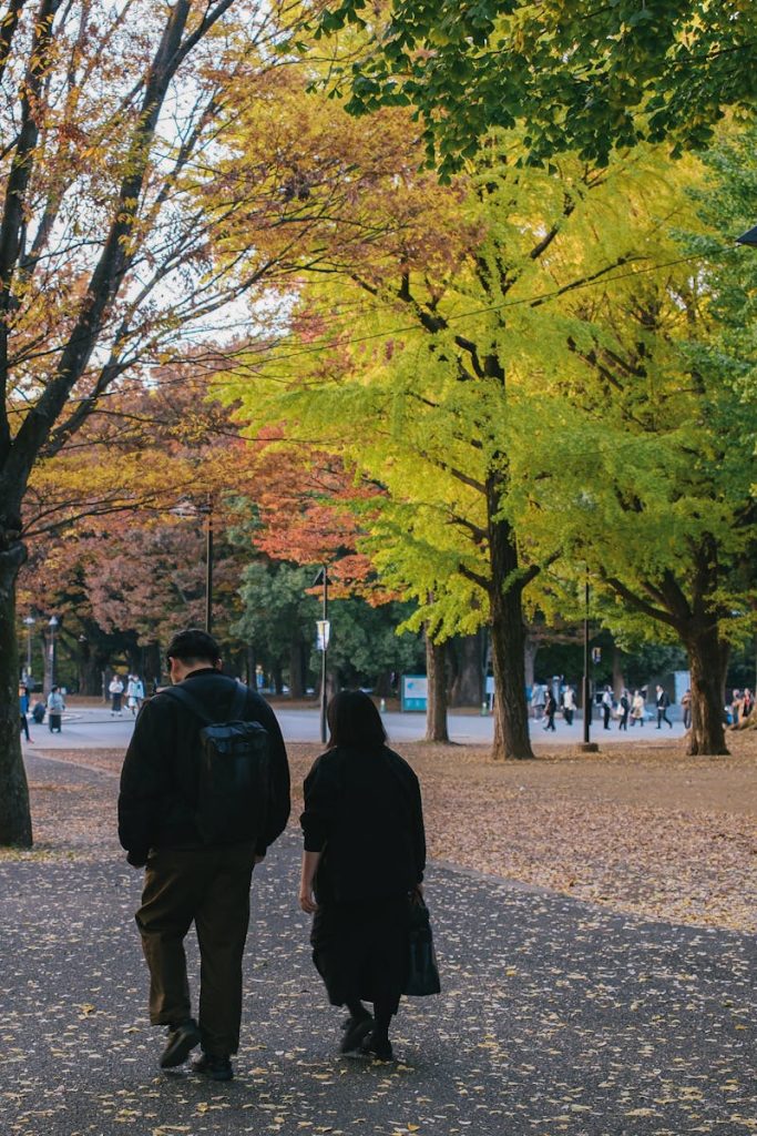 A couple walks through a scenic park with vibrant autumn leaves. Serene fall scene.